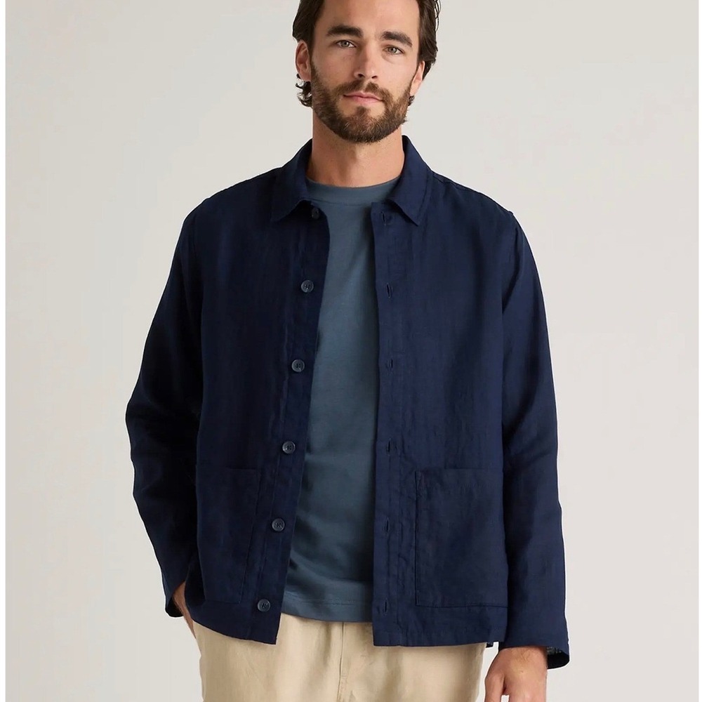 Quince Mens 100% Linen Chore Jacket XXL Navy Blue Button Front Pockets